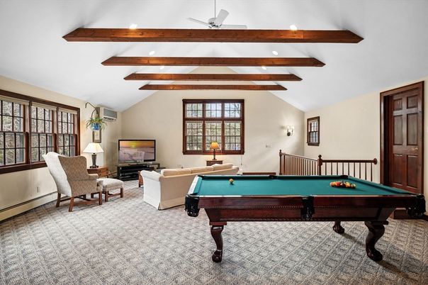Billiard Table, Fireplace, Game Room, Interior, Living room, Recessed Lighting, Wooden Beams