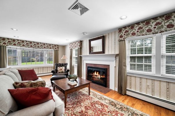 Fireplace, Interior, Living room, Recessed Lighting, Wood Texture Flooring