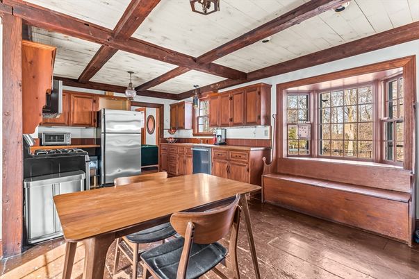 Interior, Kitchen, Stainless Steel Appliances, Wooden Beams, Wood Texture Flooring