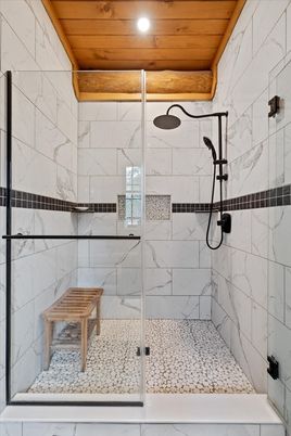 Bathroom, Glass Shower, Interior, Marble Walls, Recessed Lighting