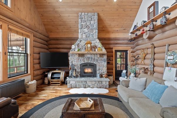 Fireplace, Interior, Living room, Stone Walls, Wooden Ceilings, Wood Texture Flooring, Wooden Walls