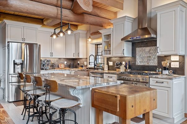 Interior, Kitchen, Pendant Lights, Stainless Steel Appliances, Wooden Beams, Wooden Ceilings, Wood Texture Flooring