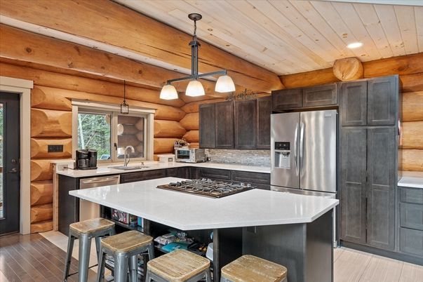 Interior, Kitchen, Pendant Lights, Recessed Lighting, Stainless Steel Appliances, Wooden Ceilings, Wood Texture Flooring