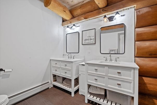 Bathroom, Dual Sink Vanities, Interior, Wooden Beams, Wooden Ceilings
