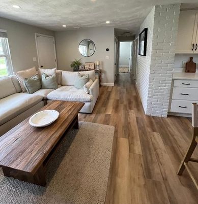 Interior, Living room, Recessed Lighting, Stone Walls, Wood Texture Flooring
