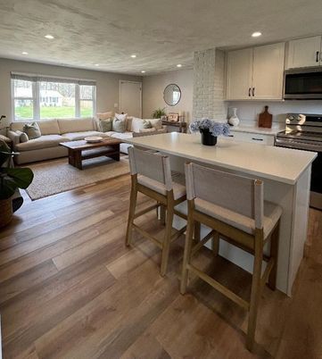 Interior, Kitchen, Living room, Recessed Lighting, Stone Walls, Wood Texture Flooring