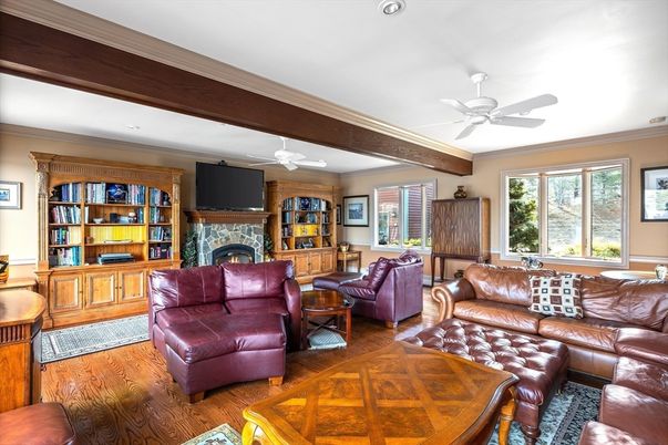 Fireplace, Interior, Living room, Recessed Lighting, Wooden Beams, Wood Texture Flooring