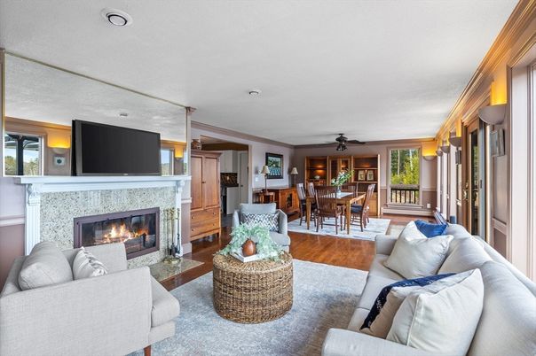Dining room, Fireplace, Interior, Living room, Wood Texture Flooring