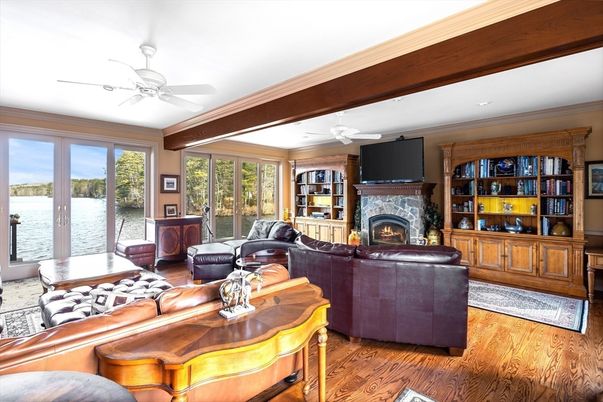 Fireplace, Interior, Living room, Recessed Lighting, Water, Wooden Beams, Wood Texture Flooring