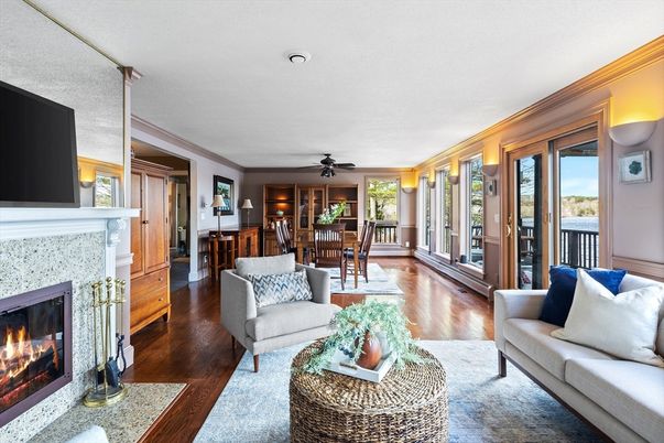 Dining room, Fireplace, Interior, Living room, Wood Texture Flooring