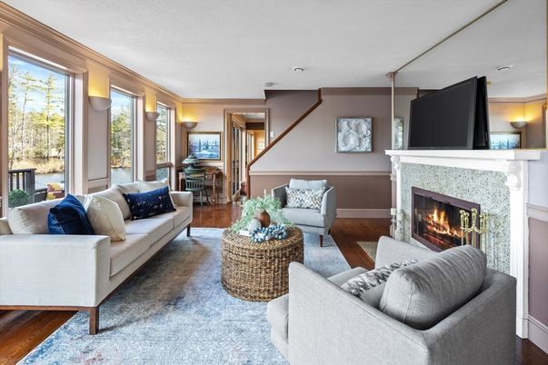 Fireplace, Interior, Living room, Recessed Lighting, Wood Texture Flooring