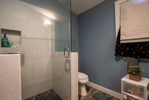 Bathroom, Glass Shower, Interior, Wood Texture Flooring