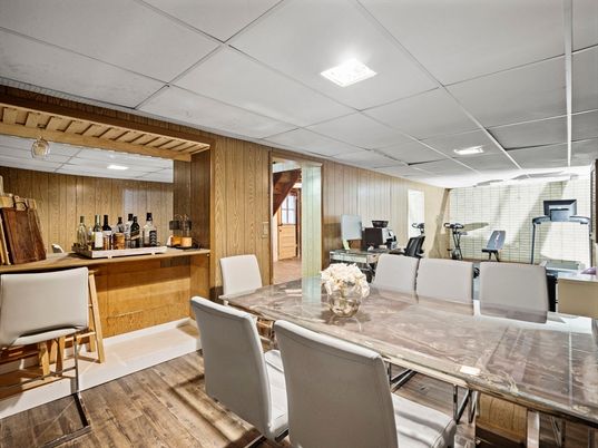 Dining room, Fitness Equipment, Interior, Recessed Lighting, Wood Texture Flooring, Wooden Walls