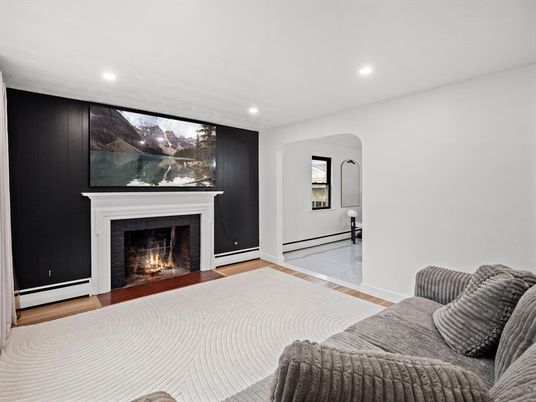 Bedroom, Fireplace, Interior, Recessed Lighting, Wood Texture Flooring