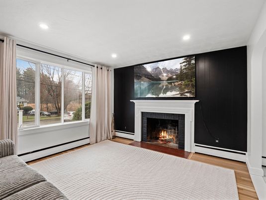 Fireplace, Interior, Recessed Lighting, Wood Texture Flooring