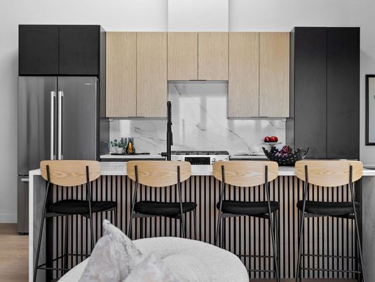 Interior, Kitchen, Marble Walls, Stainless Steel Appliances, Wood Texture Flooring