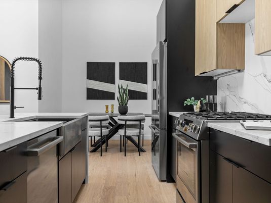 Dining room, Interior, Kitchen, Stainless Steel Appliances, Wood Texture Flooring