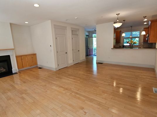Empty room, Fireplace, Interior, Pendant Lights, Recessed Lighting, Wood Texture Flooring
