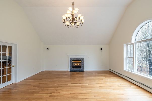 Chandelier, Empty room, Fireplace, Interior, Wood Texture Flooring
