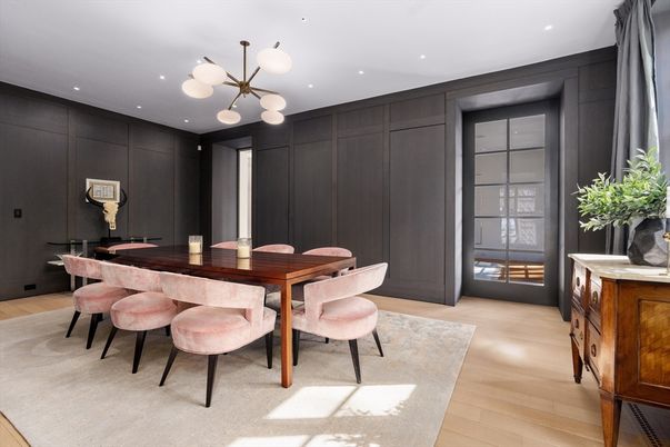 Dining room, Interior, Pendant Lights, Recessed Lighting, Wood Texture Flooring