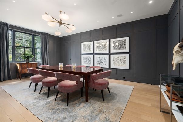 Dining room, Interior, Pendant Lights, Recessed Lighting, Wood Texture Flooring