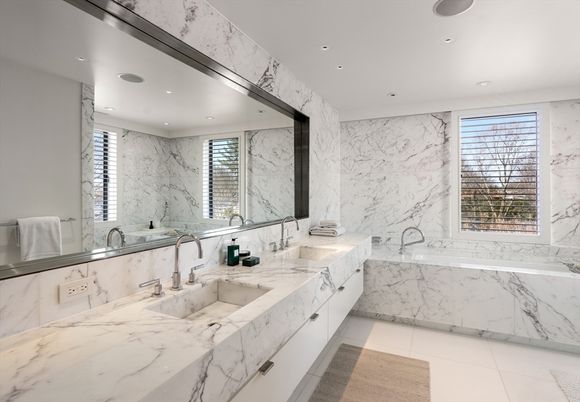 Bathroom, Dual Sink Vanities, Interior, Marble, Marble Walls, Recessed Lighting