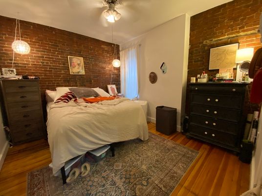 Bedroom, Interior, Pendant Lights, Stone Walls, Wood Texture Flooring