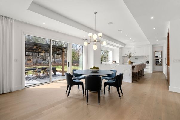 Dining room, Interior, Kitchen, Pendant Lights, Recessed Lighting, Wood Texture Flooring