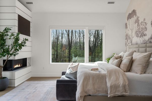 Bedroom, Fireplace, Interior, Wood Texture Flooring