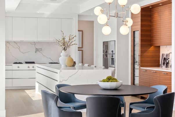 Dining room, Interior, Kitchen, Marble Walls, Pendant Lights, Wood Texture Flooring