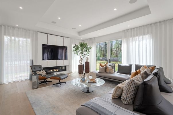 Fireplace, Interior, Living room, Recessed Lighting, Wood Texture Flooring
