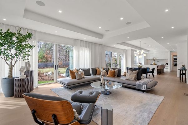 Dining room, Interior, Living room, Pendant Lights, Recessed Lighting, Wood Texture Flooring