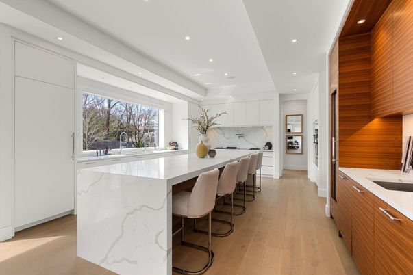 Interior, Kitchen, Marble Walls, Recessed Lighting, Wood Texture Flooring