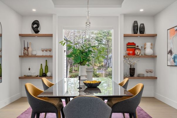 Dining room, Interior, Pendant Lights, Recessed Lighting, Wood Texture Flooring