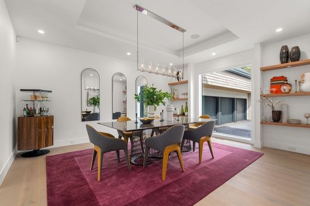 Dining room, Interior, Pendant Lights, Recessed Lighting, Wood Texture Flooring
