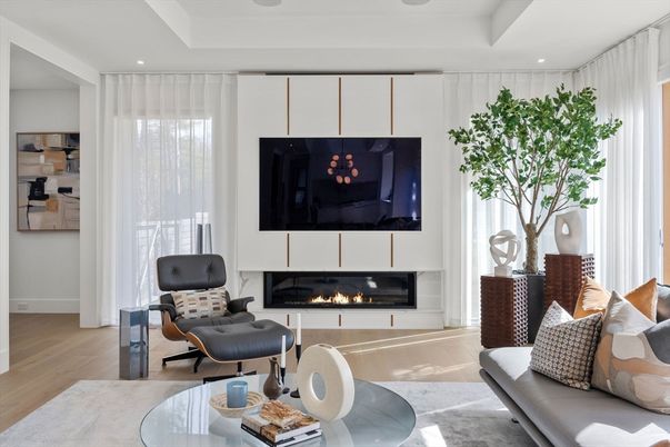 Fireplace, Interior, Living room, Recessed Lighting, Wood Texture Flooring