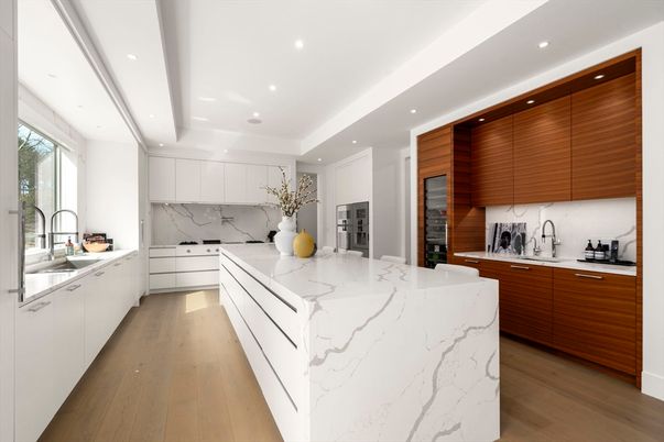 Interior, Kitchen, Marble Walls, Recessed Lighting, Stainless Steel Appliances, Wood Texture Flooring