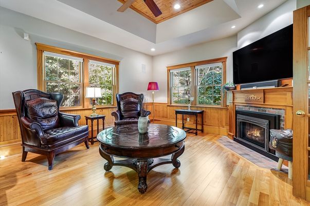 Fireplace, Interior, Living room, Recessed Lighting, Wooden Ceilings, Wood Texture Flooring