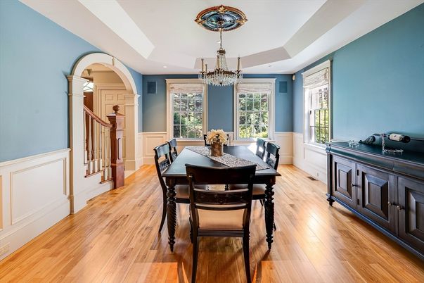 Chandelier, Dining room, Interior, Wood Texture Flooring