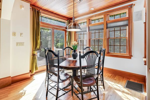 Dining room, Interior, Pendant Lights, Recessed Lighting, Wooden Ceilings, Wood Texture Flooring