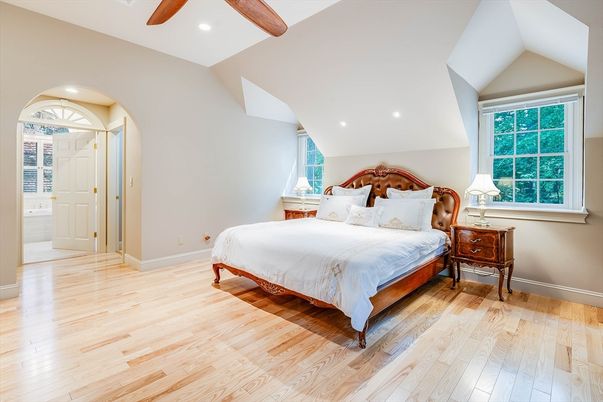 Bedroom, Interior, Recessed Lighting, Wooden Beams, Wood Texture Flooring