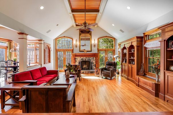 Dining room, Fireplace, Interior, Living room, Recessed Lighting, Wood Texture Flooring