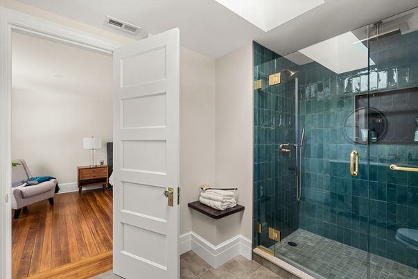 Bathroom, Glass Shower, Interior, Wood Texture Flooring