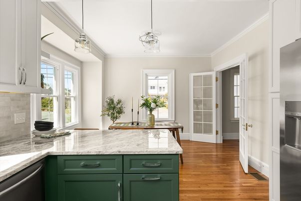 Interior, Kitchen, Pendant Lights, Stainless Steel Appliances, Wood Texture Flooring