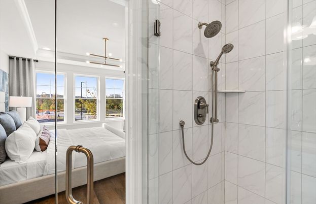 Bathroom, Bedroom, Glass Shower, Interior, Marble Walls, Recessed Lighting, Wood Texture Flooring