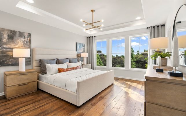 Bedroom, Interior, Pendant Lights, Recessed Lighting, Wood Texture Flooring