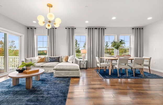 Dining room, Interior, Living room, Pendant Lights, Recessed Lighting, Wood Texture Flooring