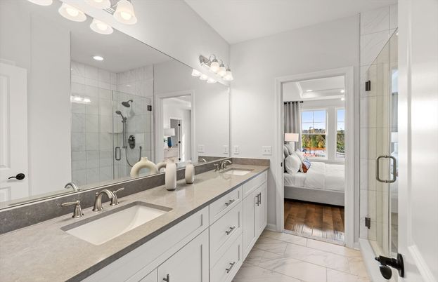 Bathroom, Bedroom, Dual Sink Vanities, Glass Shower, Interior, Marble, Recessed Lighting, Wood Texture Flooring