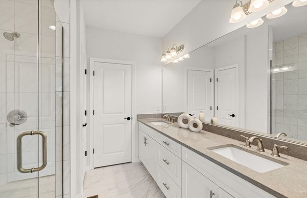 Bathroom, Dual Sink Vanities, Glass Shower, Interior, Marble