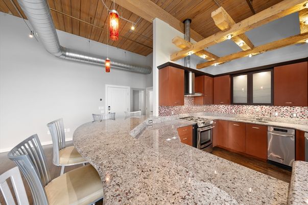 Dining room, Interior, Kitchen, Pendant Lights, Stainless Steel Appliances, Wooden Ceilings, Wood Texture Flooring